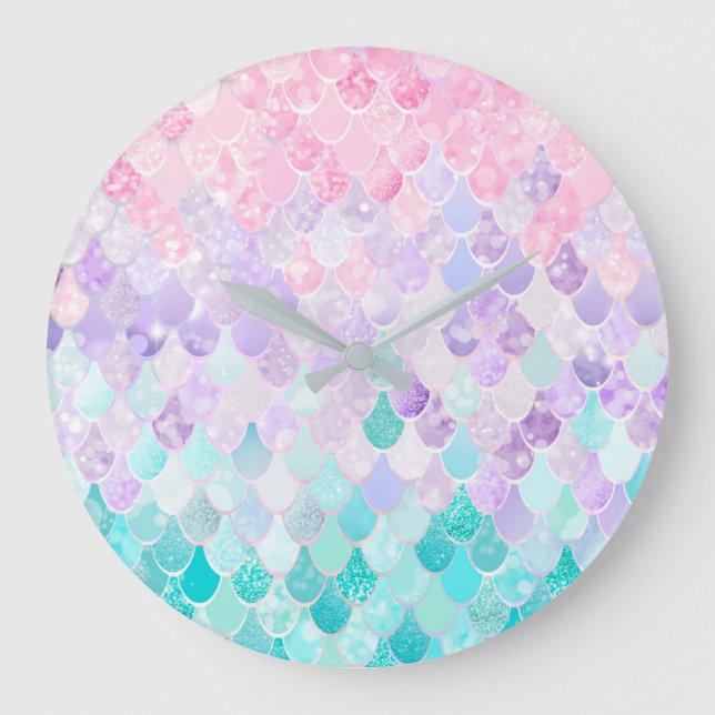 Mermaid Pastel Girls Kinderzimmer Clock Große Wanduhr (Vorderseite)