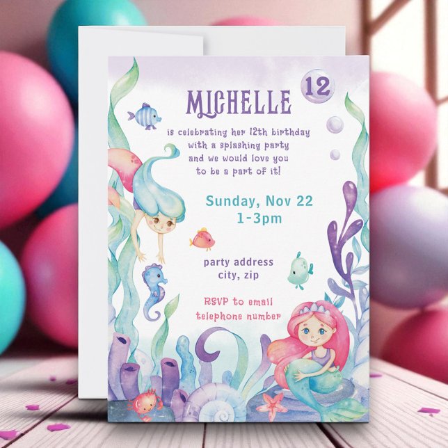 Mermaid Pastel Watercolor Birthday Invitation Einladung (Von Creator hochgeladen)