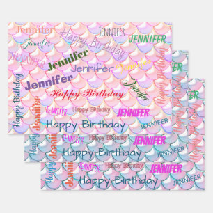 Mermaid Pattern Birthday Girly Individuelle Name P Geschenkpapier Set