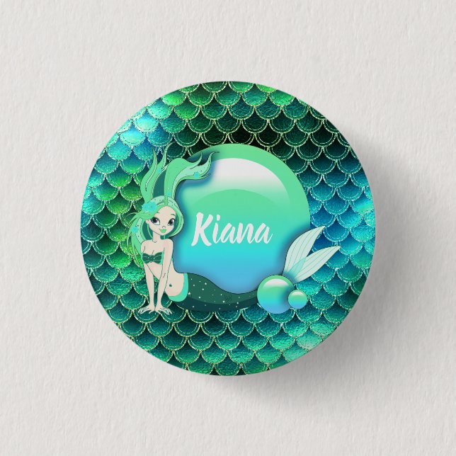Mermaid Pearls and Scales Monogram Green ID600 Button (Vorderseite)