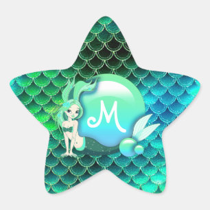 Mermaid Pearls and Scales Monogram Green ID600 Stern-Aufkleber
