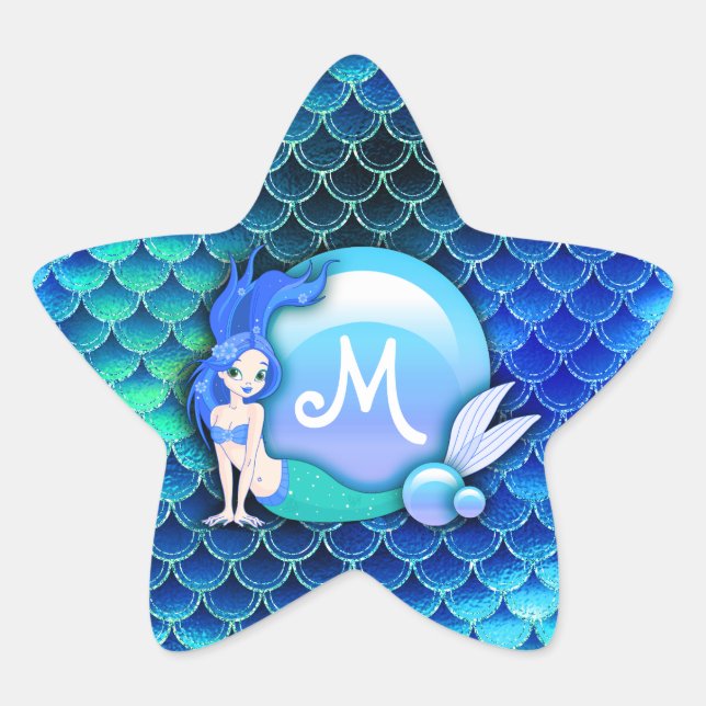 Mermaid Perls and Scales Monogram Blue ID600 Stern-Aufkleber (Vorderseite)