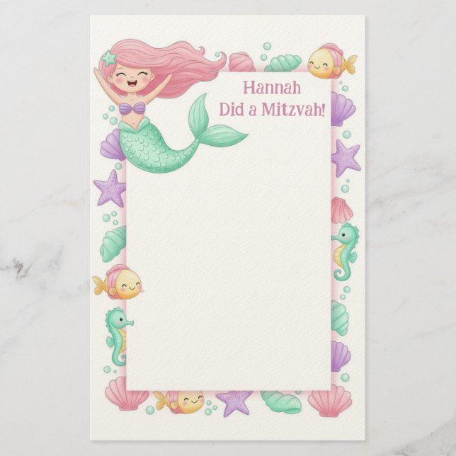 Mermaid Personalisiert Mitzvah Note Briefpapier (Vorderseite)