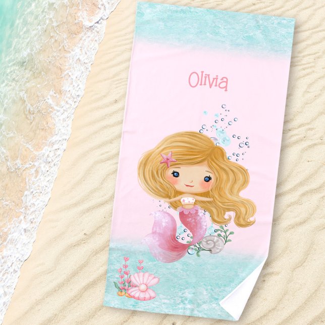 Mermaid Pink Blue Blond Haar Girl Name Beach Handt Strandtuch (Mermaid Pink Blue Blond Hair Girl Name Beach Towel)