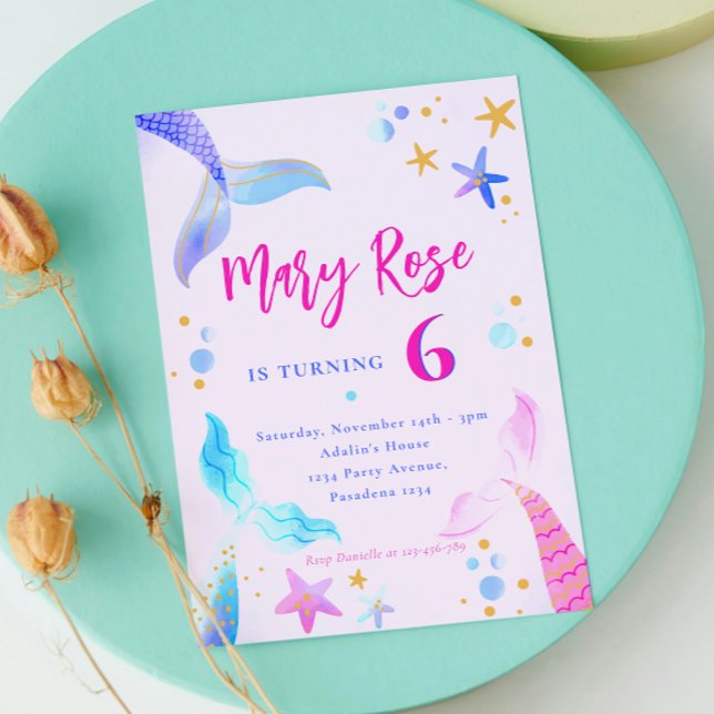 Mermaid Pink Blue Geburtstagsparty Einladung (Mermaid Pink Blue Birthday Party Invitation)