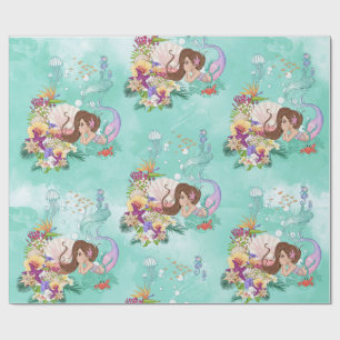 Mermaid Pink Dark Hair Seepferd Star Fish Coral Geschenkpapier
