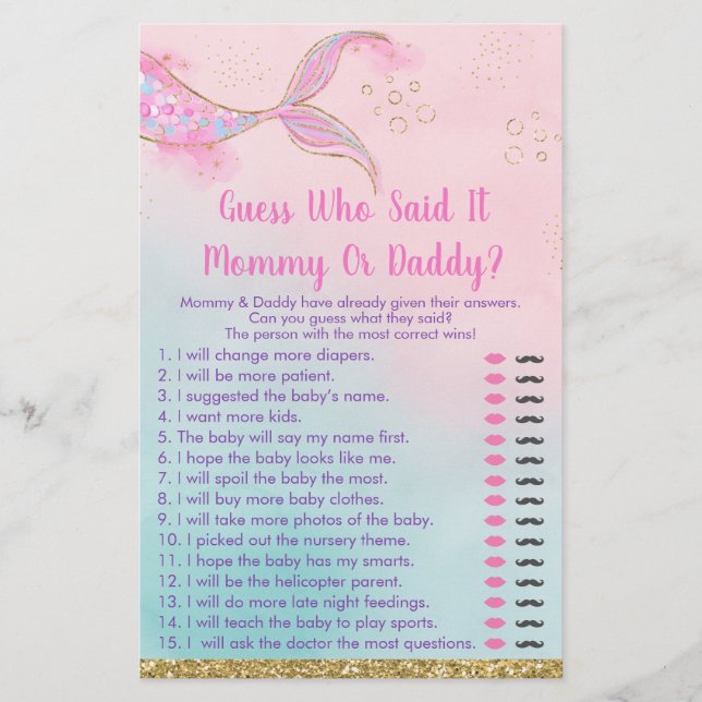 Mermaid Pink Gold Mommy oder Daddy Baby Shower Gam (Vorderseite)