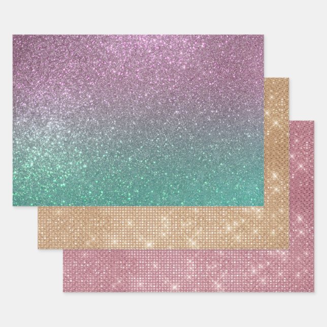 Mermaid Pink Green Funkelnd Glitzer Ombre Geschenkpapier Set (Set)
