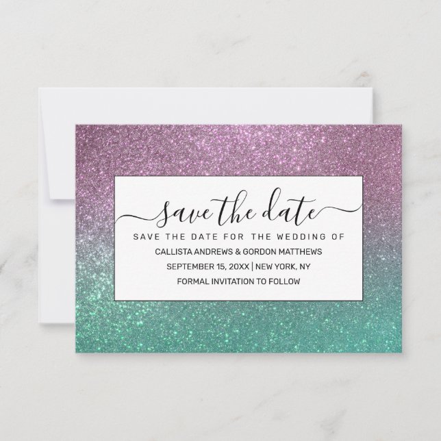 Mermaid Pink Green Funkelnd Glitzer Ombre Save The Date (Vorderseite)