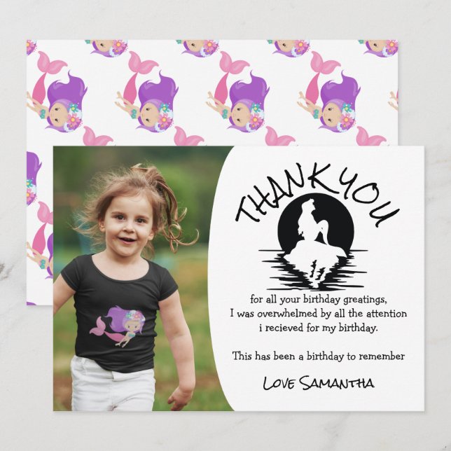Mermaid Pink Lila Geburtstagsparty Danke Einladung (Vorne/Hinten)