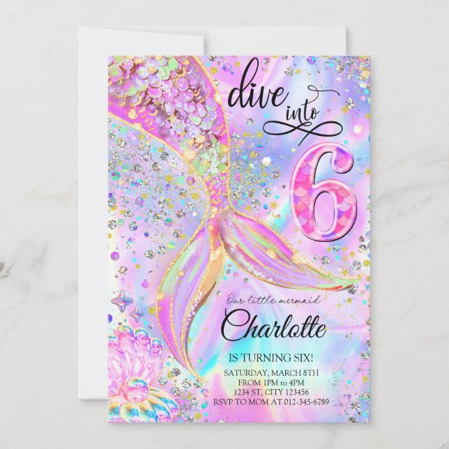 Mermaid Pink Lila tauchen in 6. Geburtstag Einladung (Vorderseite)