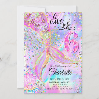Mermaid Pink Lila tauchen in 6. Geburtstag Einladung