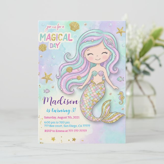 Mermaid Pink Purple Birthday Einladung (Stehend Vorderseite)