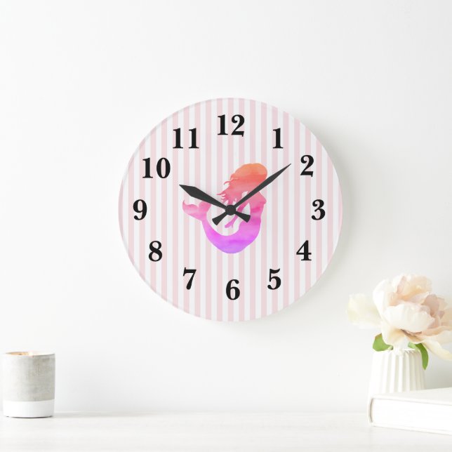 Mermaid Pink Strip Preppy Large Clock Große Wanduhr (Zuhause)