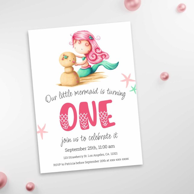 Mermaid Pink Türkis 1. Geburtstag Party Einladung (Exclusive Mermaid First Birthday Illustrated Party Invitation)