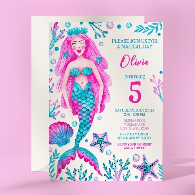 Mermaid Pink und Turquoise Girl's Birthday Party Einladung (Mermaid Pink and Turquoise Girl's Birthday Party Invitation)