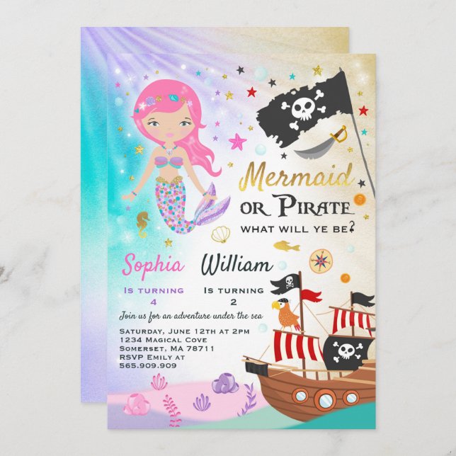 Mermaid Pirate Birthday Einladung Geschwister Part (Vorne/Hinten)
