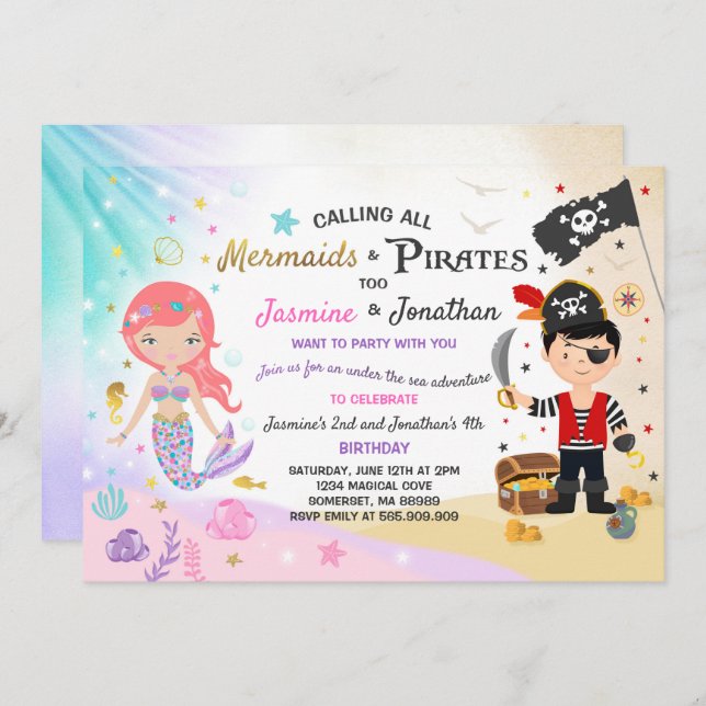 Mermaid Pirate Birthday Einladung Geschwister Part (Vorne/Hinten)
