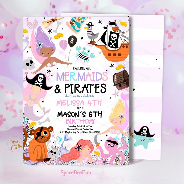 Mermaid & Pirate Geburtstagsparty Einladung unter (Mermaid And Pirate,Birthday Party,Invitation Sibling's birthday party,Sea Mermaid,Party invite,Under)