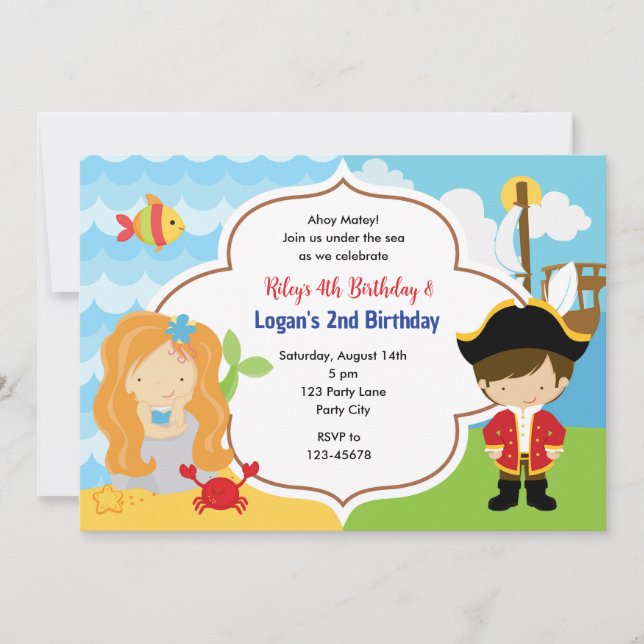 Mermaid & Pirate Joint Birthday Invites Boy Girl Einladung (Vorderseite)