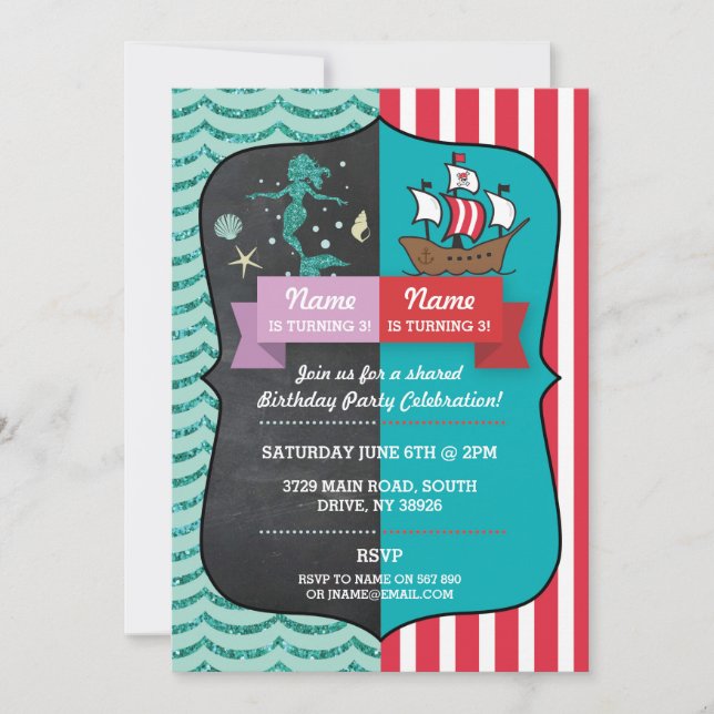 Mermaid & Pirate Joint Boy Girl Birthday Invites Einladung (Vorderseite)