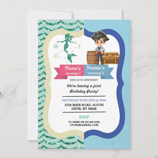 Mermaid & Pirate Joint Boy Girl Birthday Invites Einladung (Vorderseite)