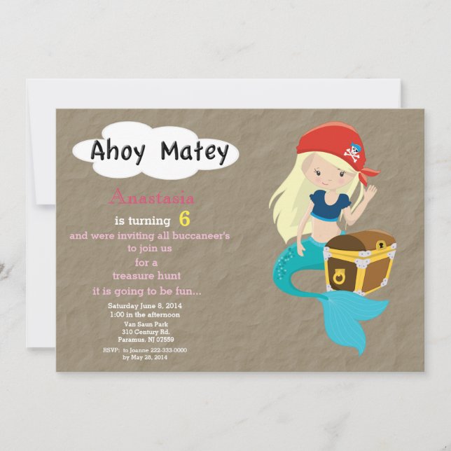 Mermaid Pirate Schatzsuche Einladung (Vorderseite)