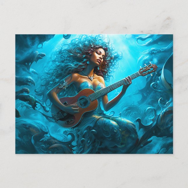 Mermaid Playing Guitar Underwater Fantasy Painting Postkarte (Vorderseite)