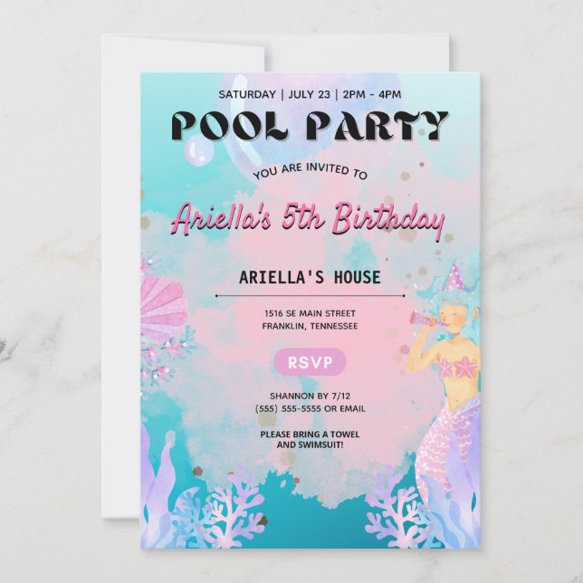 Mermaid Pool Party Girl Birthday Einladung (Vorderseite)