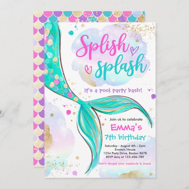 Mermaid Pool Party rosa Meerjungfrau Einladung (Vorne/Hinten)
