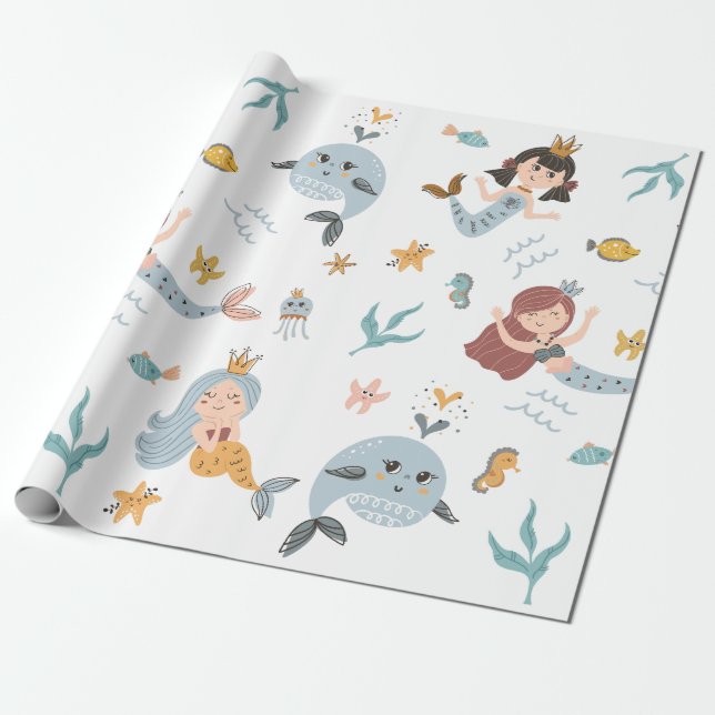 Mermaid Princess and Whale Wrapping Paper Geschenkpapier (Ungerollt)