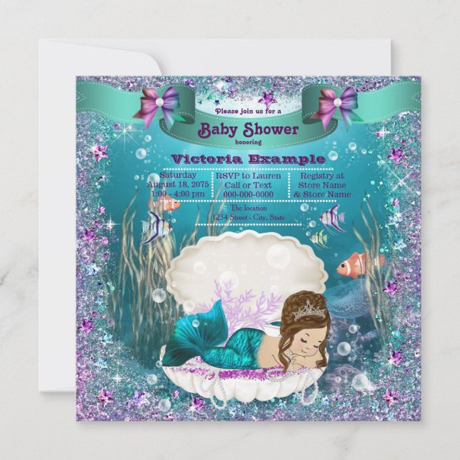 Mermaid Princess Girl Babydusche Einladung (Vorderseite)