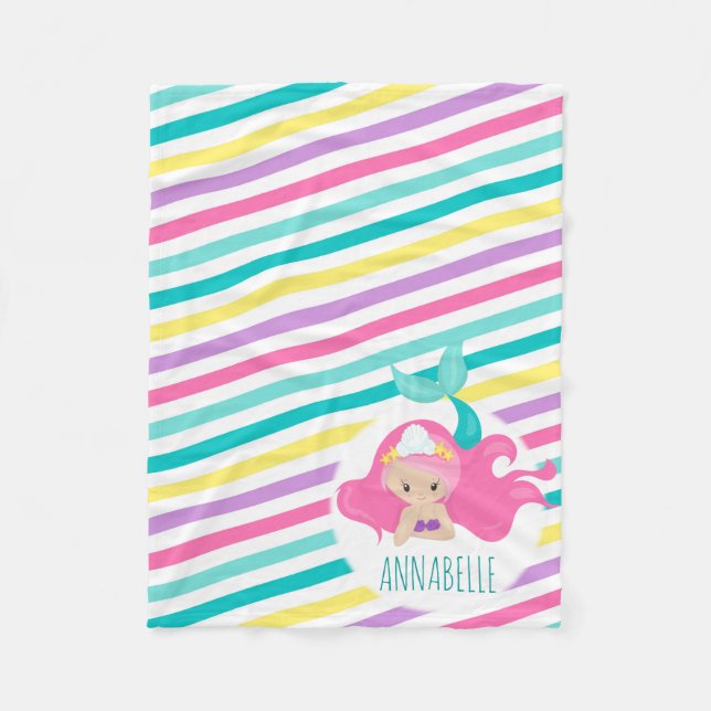 Mermaid Princess Kids Pink Lila Blue Stripes Fleecedecke (Vorderseite)