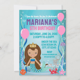 Mermaid Princess Party (braune Haare) Einladung