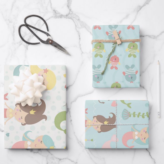 Mermaid Princess Themed Wrapping Paper Sheets Geschenkpapier Set (Vorderseite)
