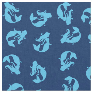 Mermaid Print Fabric Blue & Navy Stoff