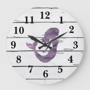 Mermaid Purple Beach Decor Rustic Shiplap Große Wanduhr