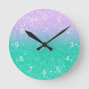 Mermaid purple teal aqua glitter ombre gradient runde wanduhr