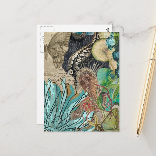 Mermaid Queen Mixed Media Collage Postkarte (Vorderseite/Rückseite Beispiel)