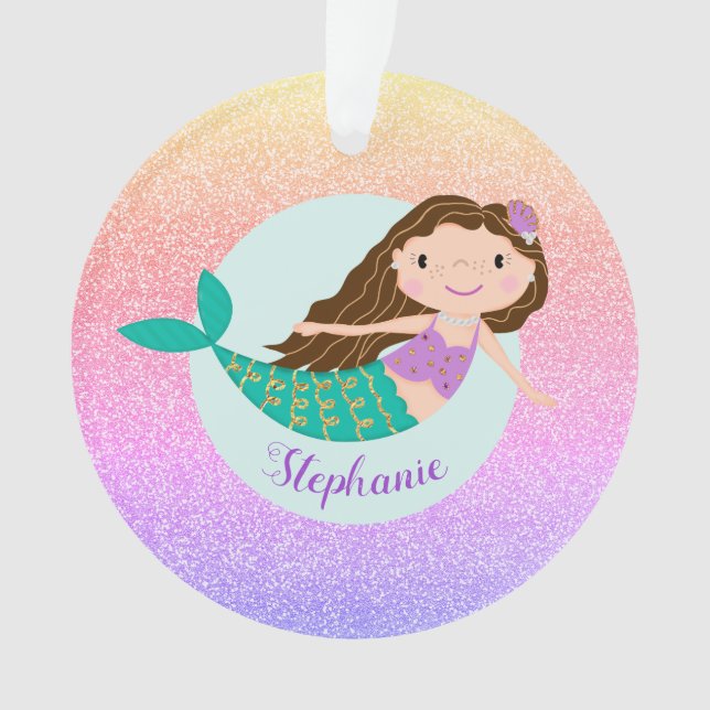 Mermaid Rainbow Glitzer Personalisiert Name Ornament (Vorderseite)