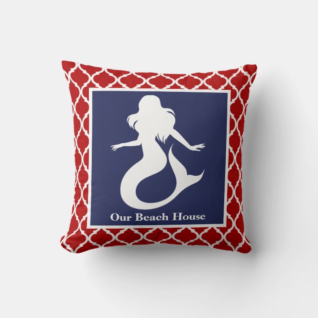 Mermaid Red White Blue Nautical Personenname Kissen (Vorderseite)