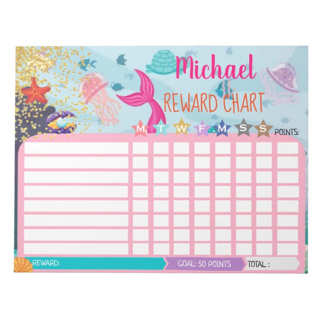 Mermaid Rewards Chart Cheke Diagramm blaues Verhal Notizblock (Vorderseite)
