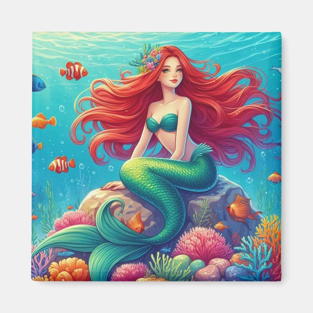 Mermaid Rotes Haar Magnet (Vorne)