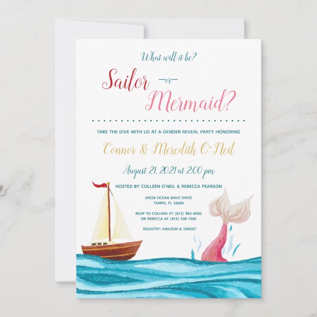 Mermaid/Sailor Nautical Gender Reveal Einladung (Vorderseite)