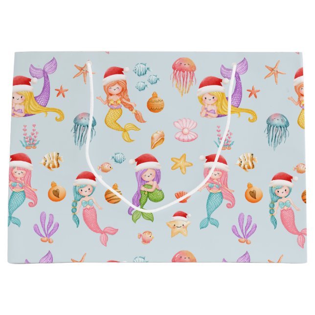 Mermaid Santa Christmas Pattern Große Geschenktüte (Vorderseite)