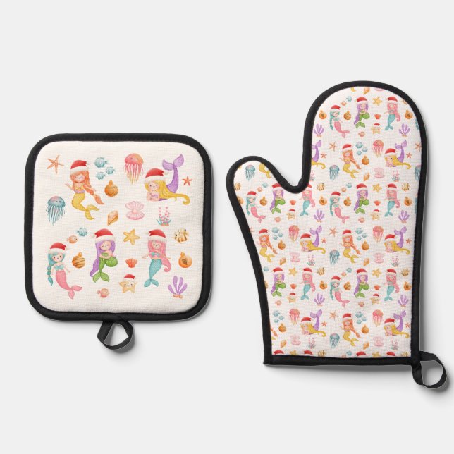 Mermaid Santa Pattern Ofenhandschuh & Topflappen-Set (Vorderseite)