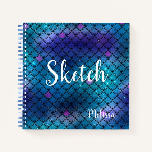 Mermaid Scale Blue Glitzer Monogram Sketchbook nic Notizbuch (Vorderseite)