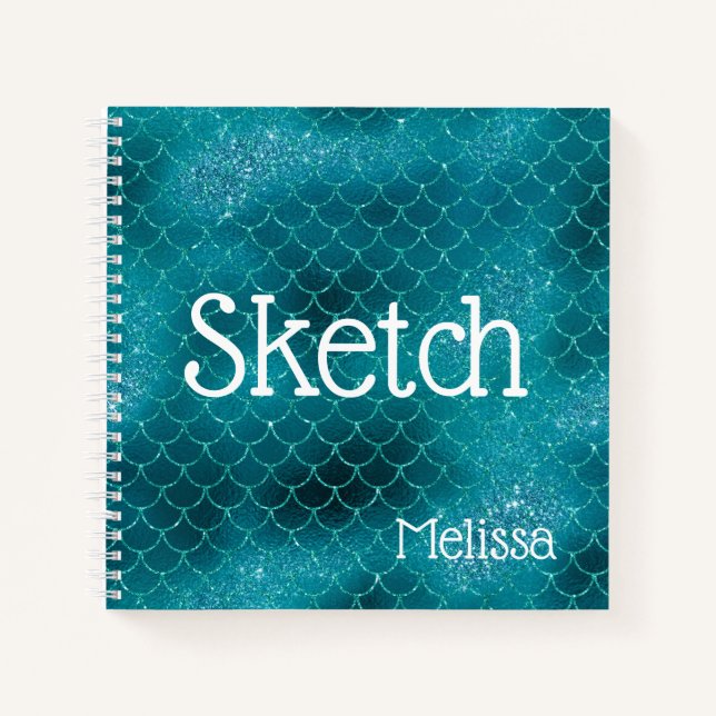 Mermaid Scales Aquamarin Glitzer Monogram Sketchbo Notizbuch (Vorderseite)