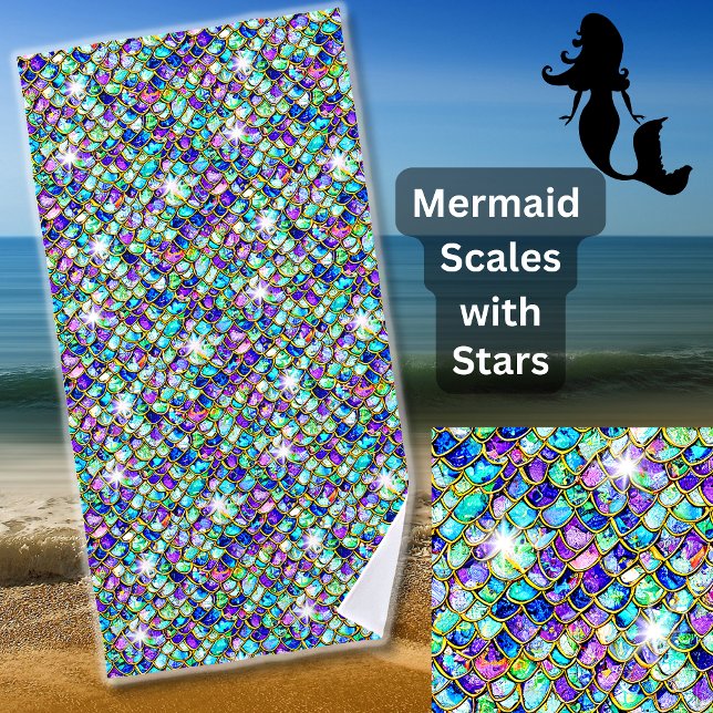 Mermaid Scales Blue Green Lila Gold mit Stars Strandtuch (Von Creator hochgeladen)