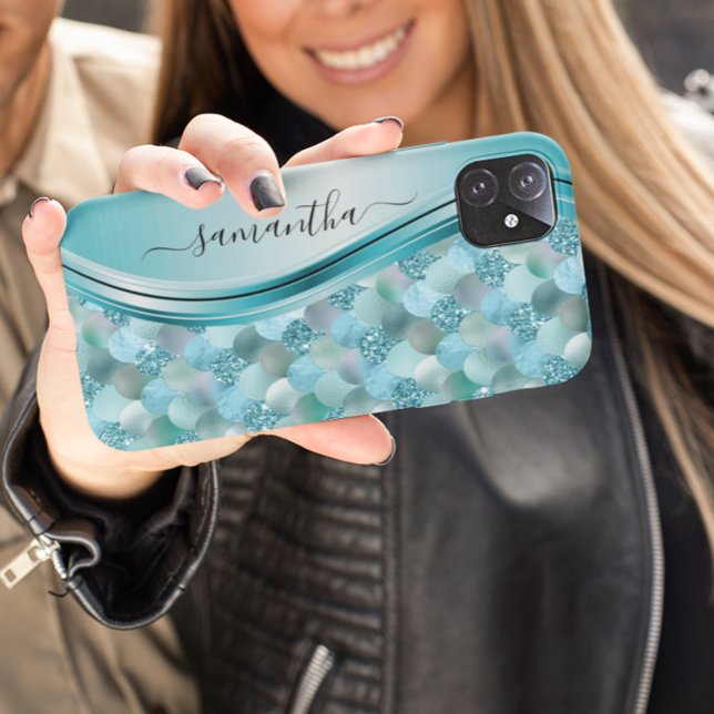 Mermaid Scales Blue Handwriting Name Metal Case-Mate iPhone Hülle (Von Creator hochgeladen)